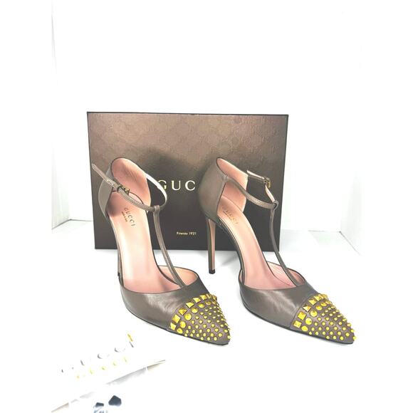Gucci Studded Malaga Kid Gray Pointed Toe Stiletto Heels Size 37.5 Rockstud Pump - Picture 2 of 9